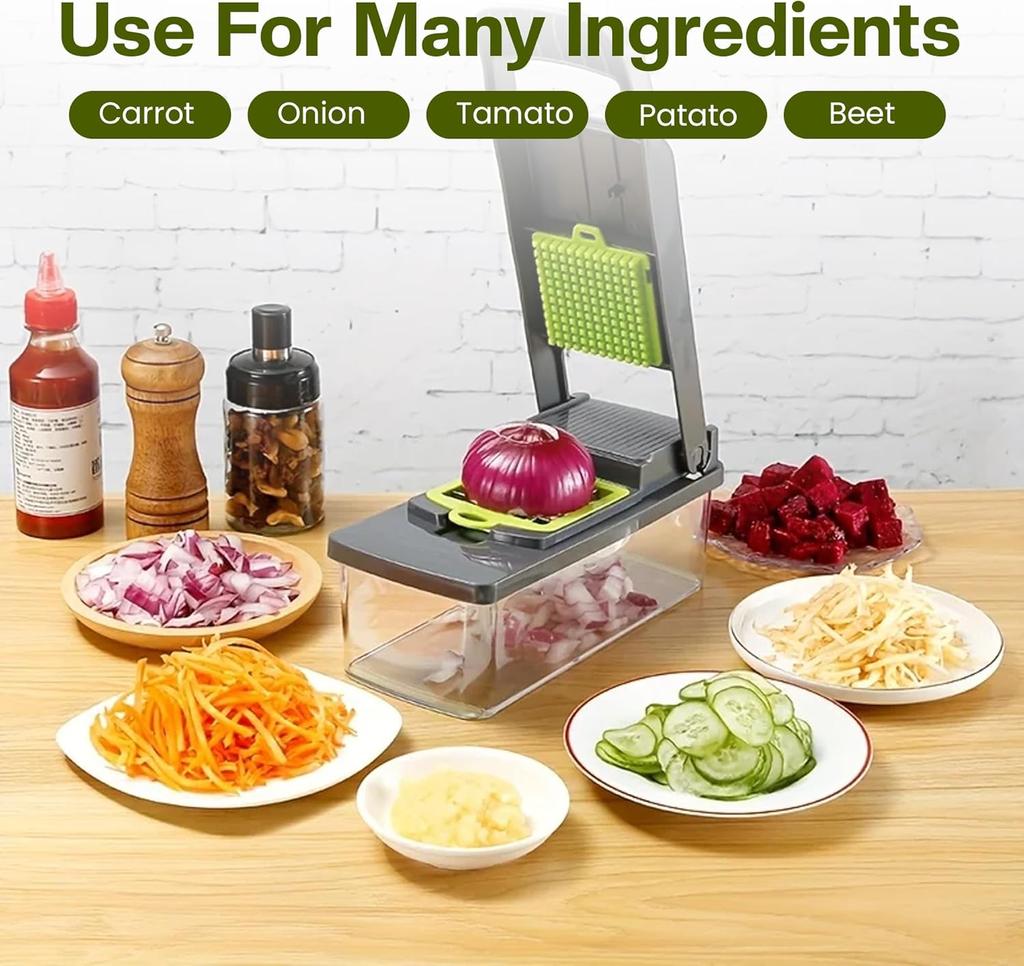 16-in-1 Chopper and Slicer—Vegetable Dicer, Mandoline Slicer, Spiralizer, Equipped with 8 Stainless Steel Blades, Includes Food Storage Container Less