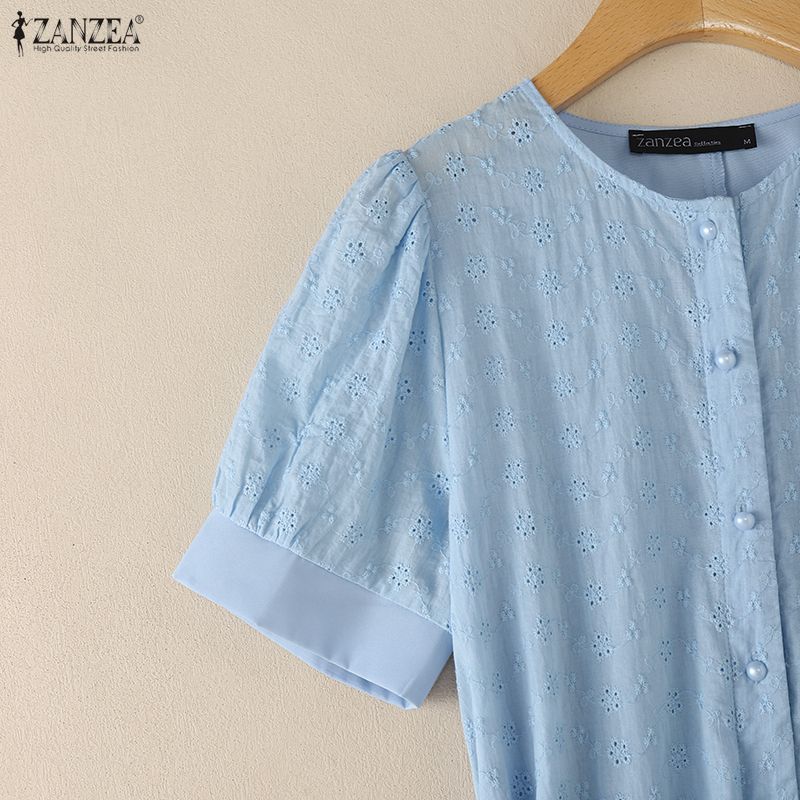 ZANZEA Summer Women Short Sleeve Front Lace Splicing Casual Long Maix Dress