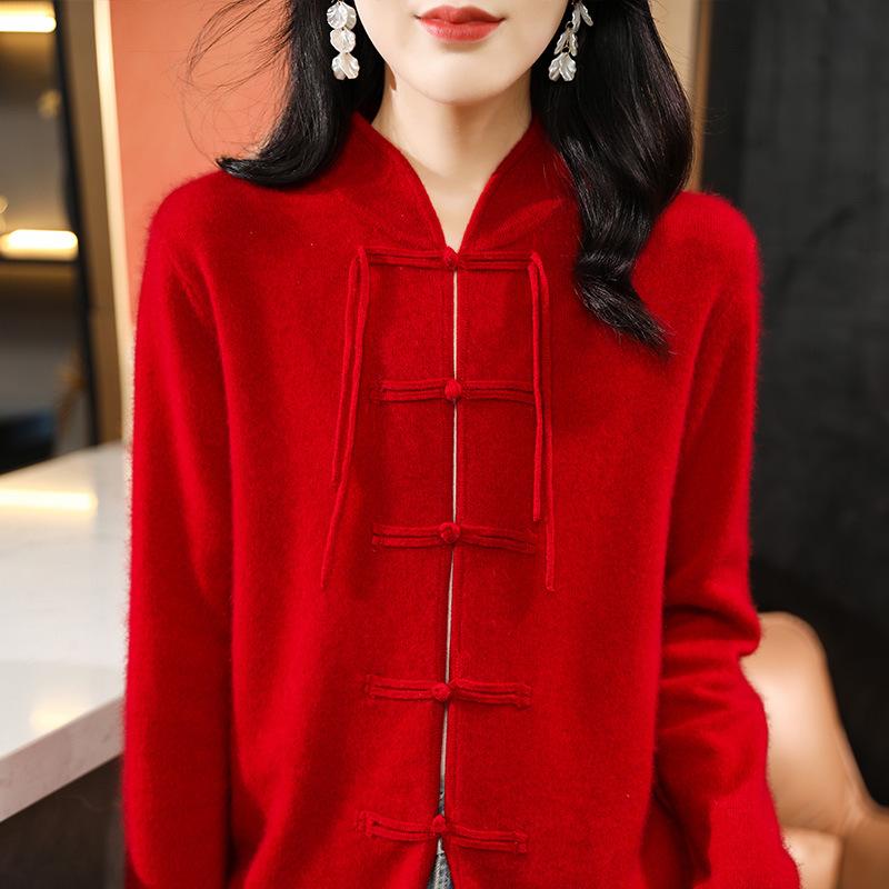Cardigan de lână de sine stătător în stil chinezesc pentru femei Toamna și Iarna Top tricotat nou din cașmir Jachetă de lână cu nasturi retro versatilă