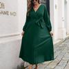 QICED Women's Fashion Autumn Winter Solid Color Print Long Sleeve V-Neck High Waist Casual Dresses