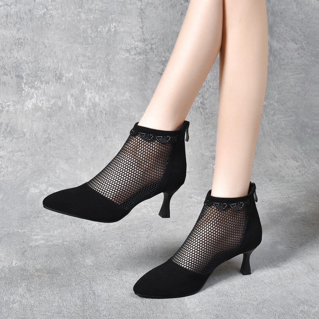 Pointed High Heels Women's Spring and Summer Fashion Mesh Fine Heel Single Shoes Rear Zipper Fashion Shoes Women's Mesh Shoes