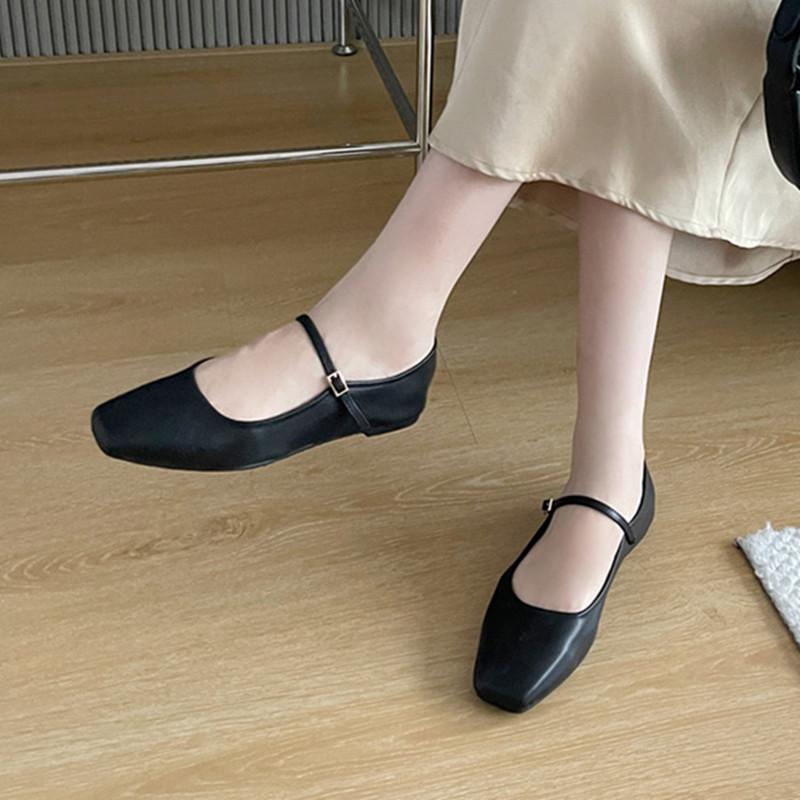 Fashion Bailamos Women Casual Ballet Flats Shoes 2024 Ins Real Leather Buckle Strap Soft Square Toe Low Heels Office Shoes Mujer