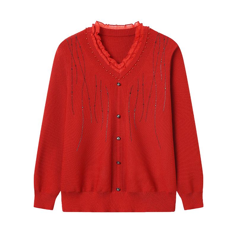 Spring Women's V-Neck Rhinestone Ice Silk Knitwear - Slimming, Versatile, and Comfortable for Middle-aged and Elderly Moms