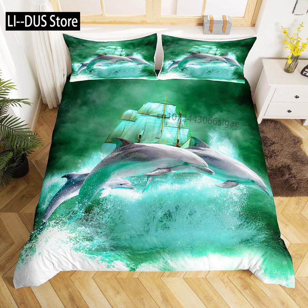 Galaxy sängkläder delfin täcke för barn vuxen påslakan havsdjur sängöverkast stjärnhimmel blå rumsdekor 3 delar