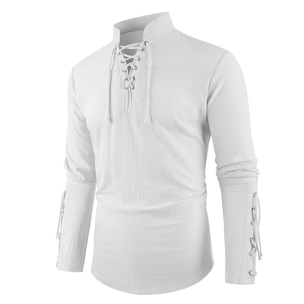 Men's Medieval Pirate Dress Stylish Streetwear Halloween Gothic Style V-neck Tops Solid Color Cotton Linen Breathable T-shirt