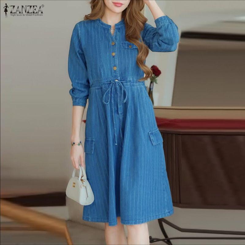 ZANZEA Women Casual V-Neck Loose 3/4 Sleeve Stripe Dress