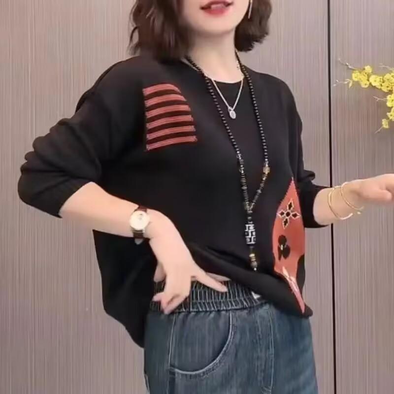 Svetr s volným střihem, květinovým žakárovým vzorem a kulatým výstřihem pro ženy, podzimní zimní etnický pletený top