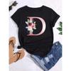 Letter combination fashion women's T-shirt pink flower letter font A-Z short sleeved top black T-shirt women