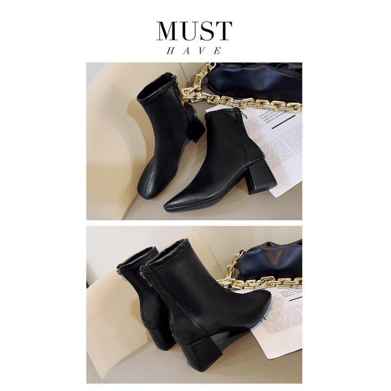 Women's Boots, Winter Square Head Back Zip Short Boots, Women's Chunky Heel Middle Heel Boots Women