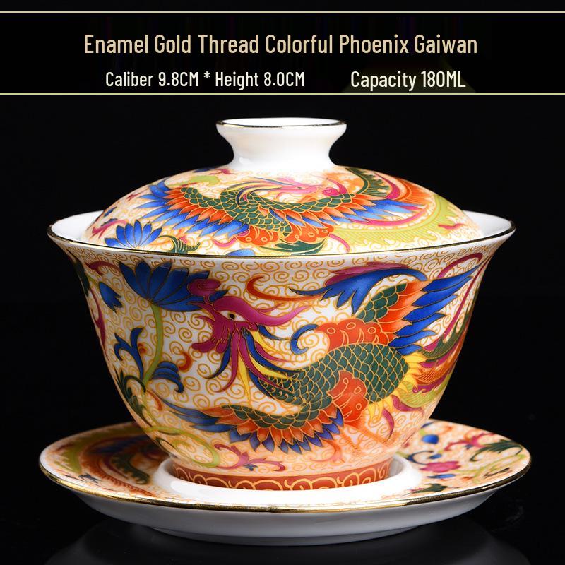 Enamel Court Style Engraved Gaiwan - Hand-Painted Ceramic Tea Cup Set