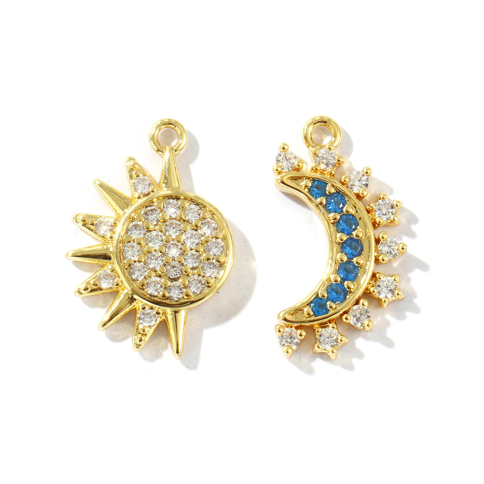 

1 Set ( 2 PCs/Set) Brass Galaxy Charms 18K Gold Plated Sun & Moon Micro Pave Blue Cubic Zirconia 20x11mm 19.5x13.5mm Pendants