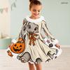 Girls Furry Trim High Neck Long Sleeve A Line Flared Hem Ghost Pumpkin Floral Printed Dress
