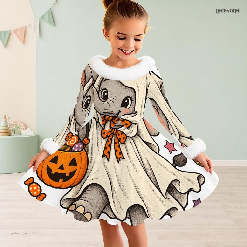 Girls Furry Trim High Neck Long Sleeve A Line Flared Hem Ghost Pumpkin Floral Printed Dress