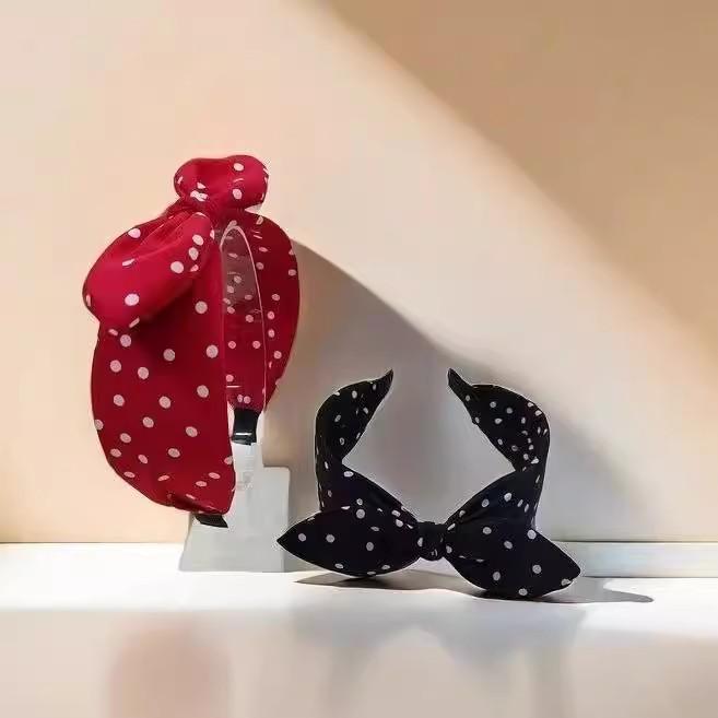 Vintage Hong Kong Red Polka Dot Bow Headband – Nostalgic Wide-Brimmed Headdress for Women