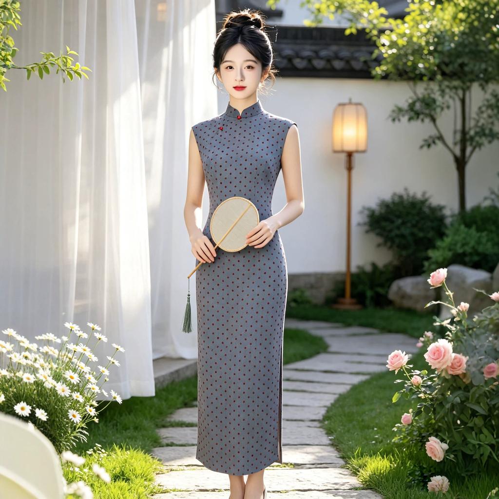 Grey polka dot cheongsam 1011 new improved young girl daily retro Republic of China style new Chinese dress