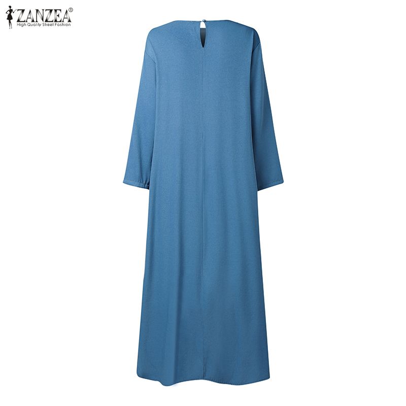 ZANZEA Women Elegant Casual Round Neck Solid Color Long Sleeve Loose Dress