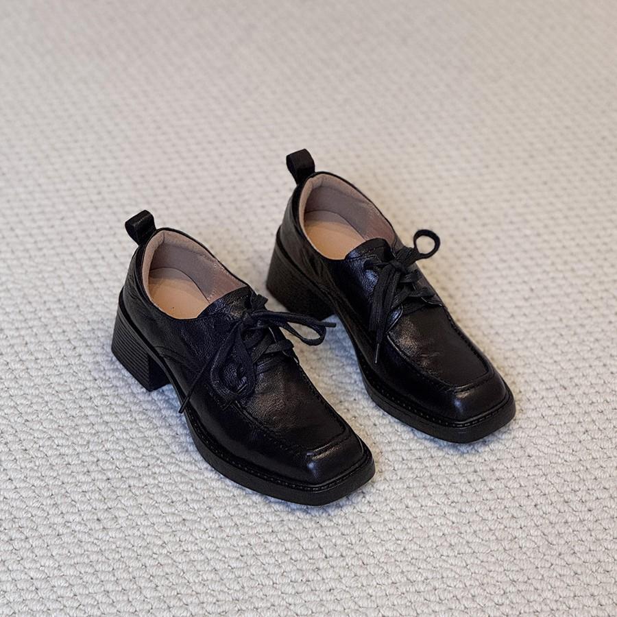 Women's shoes French retro deep cut round toe thick heel British small leather shoes lace up commuting single shoes