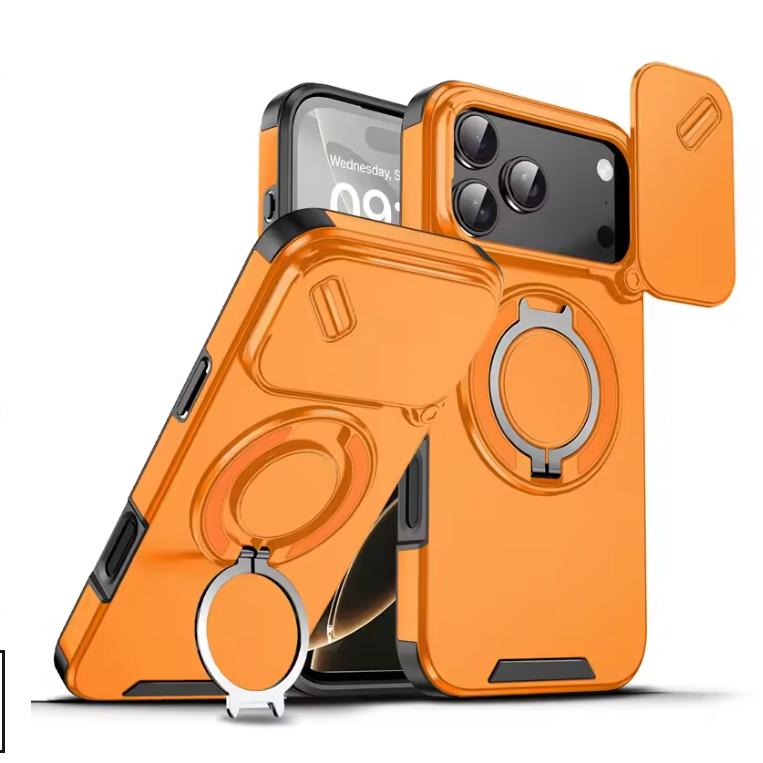 Ochranné pouzdro na telefon s magnetickým kroužkem a stojánkem, odolné proti nárazům, pro iPhone 17Air 17Pro 17 Pro Max, oranžové, s krytem na fotoaparát