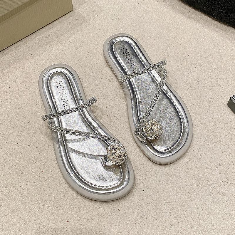 French evening slippers flat shoes pinch cold slippers fairy wind beautiful sandals women's summer wear silver women's shoes