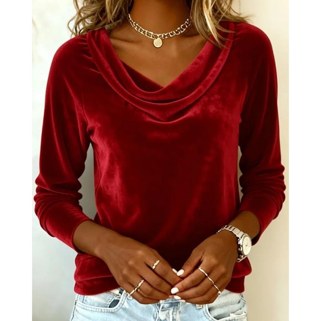 Women's Solid Color Velvet Long Sleeve T-shirt, Sexy Cowl Neck Casual Top