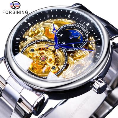 Forsing Modische, lässige, geschnitzte, hohle Mondphase, Stahlband, mechanische Uhr, mechanische Uhr