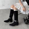 Stiefel mit grobem Absatz im Western-Stil für Damen, Herbst 2025, neu, vielseitig, mit Gürtelschnalle, grober Absatz, runde Spitze, modische Stiefel