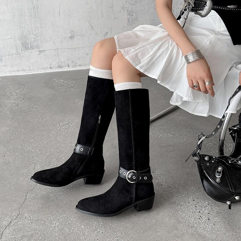 Stiefel mit grobem Absatz im Western-Stil für Damen, Herbst 2025, neu, vielseitig, mit Gürtelschnalle, grober Absatz, runde Spitze, modische Stiefel