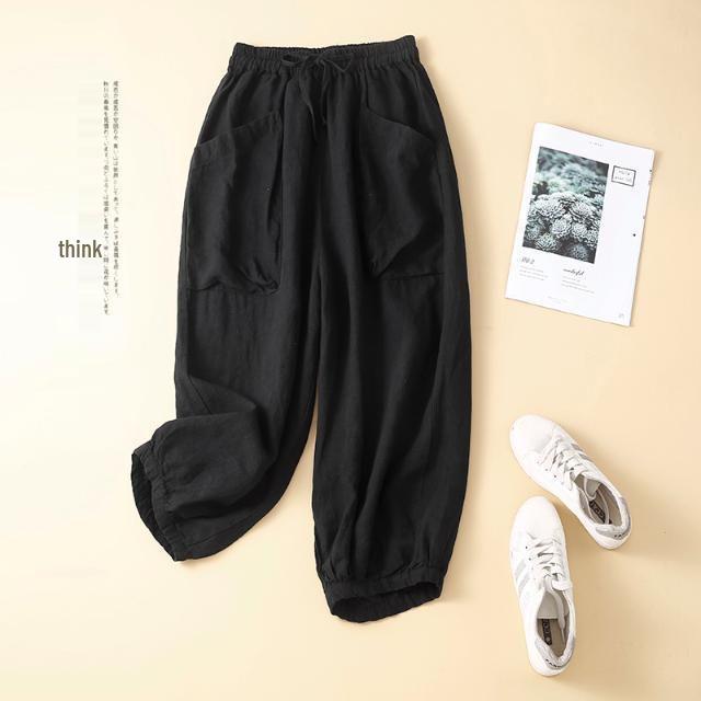 Women's Cotton Linen Harem Pants with Elastic Waist and Pockets