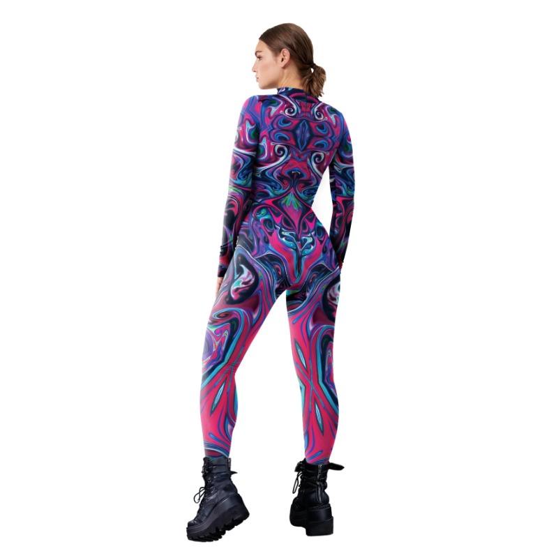 Multicolour Printing Holiday Party Women Adult Ghost Punk Style Cosplay Performance Costume Bodysuits Rompers