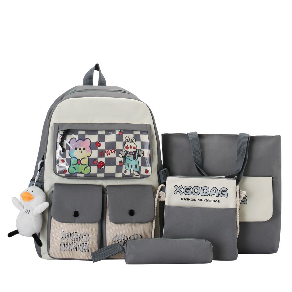 School bag, women's backpack, four-piece set, junior high school student backpack, campus college backpack.