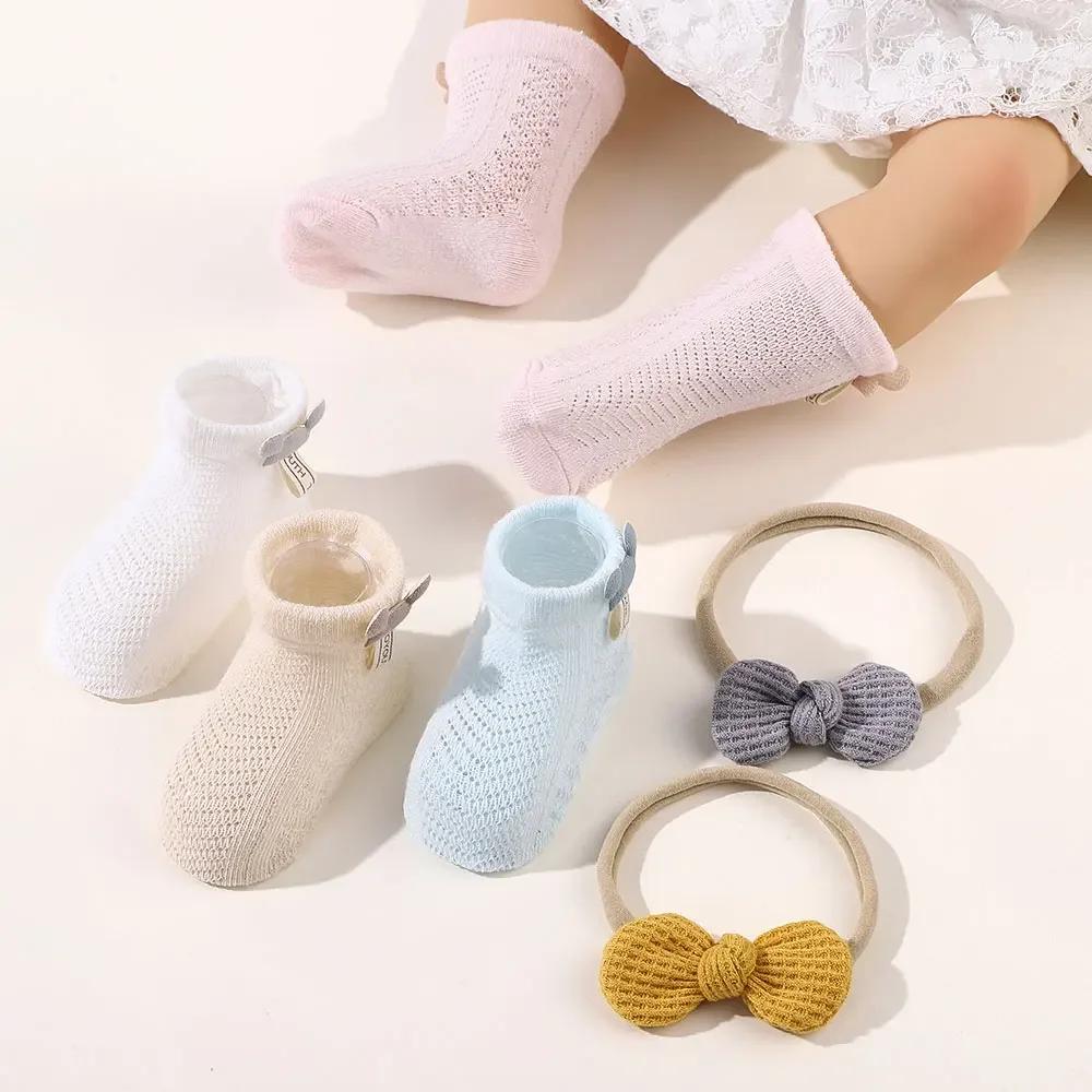 0-1Y Babe Soft Socks Headband Sets Solid Cotton Girls Breathable Socks Cute Bows for Infant Little Girl Clothing Accessories