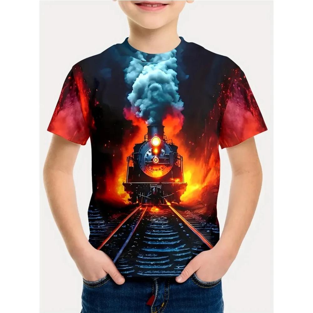 Boys' T-shirt, summer fun children's clothing, steam train pattern T-shirt, 3D printed outdoor short sleeved children's clothing