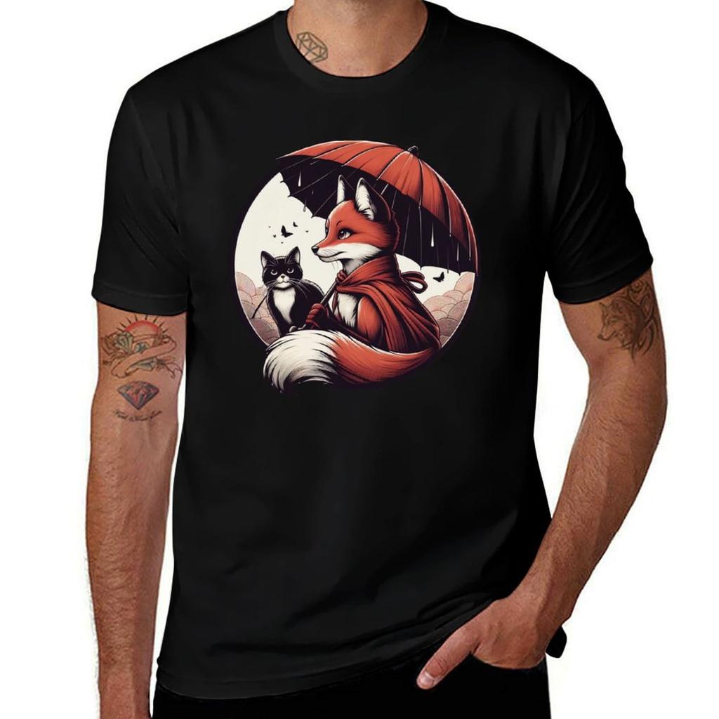 Japanese Style Fox And Cat Tshirt Plus Size Comfort Fit Tee