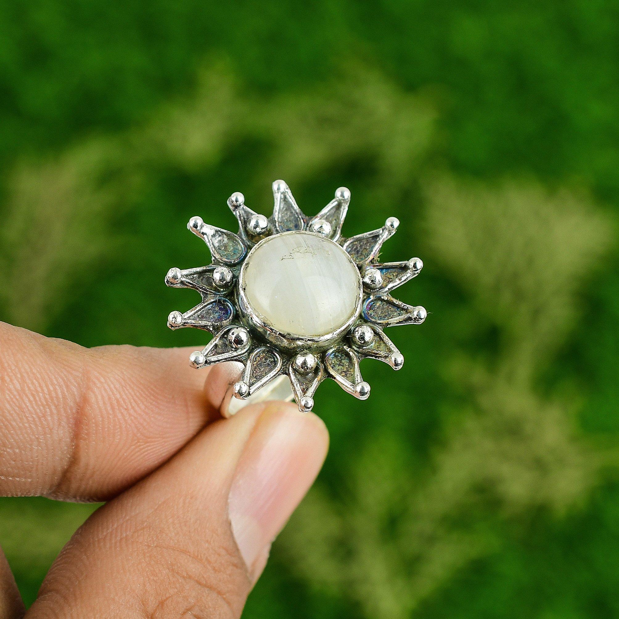 

Подарок для нее Кольцо-обещание из серебра 925 пробы с натуральным радужным лунным камнем в виде цветка, регулируемое Adjustable