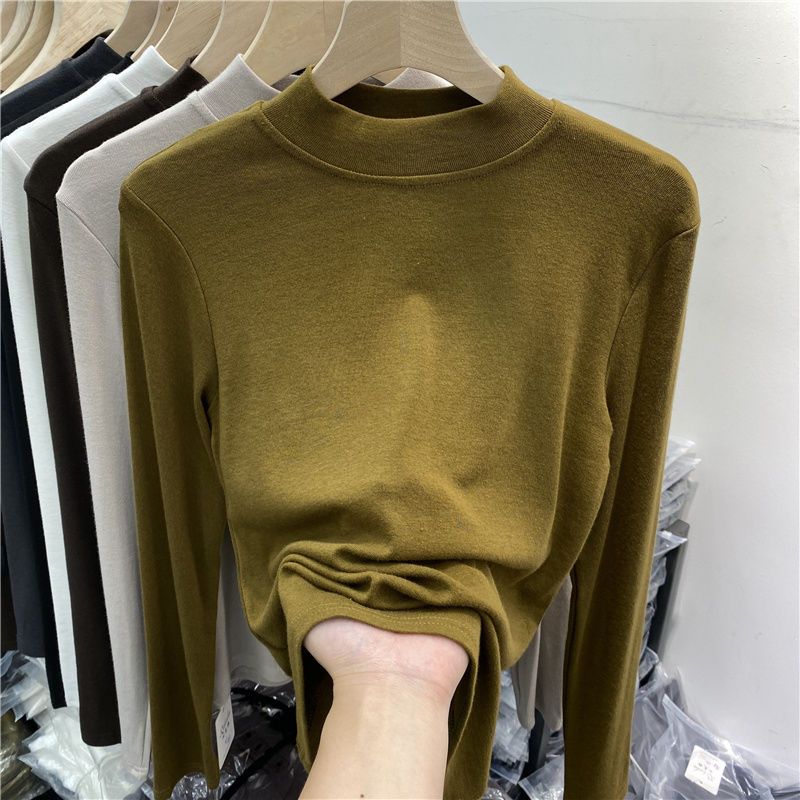 Halv-høyhalset langermet t-skjorte for kvinner, høst og vinter Ny utenlandsk stil Tynn Tynn innvendig Ta Leggings Liten skjortetopp