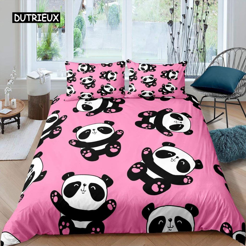 Panda Duvet Cover Set Cherry Blossoms Cute Animal Bedding Set Flower Branches Cartoon Double Queen King Polyester Quilt Cover