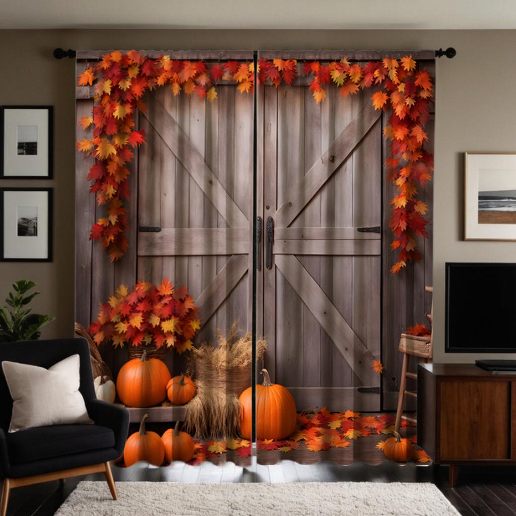 2pcs HD Thanksgiving rattan Maple Leaf wooden door pumpkin decorative curtain Coffee color digital printing curtain Home deco