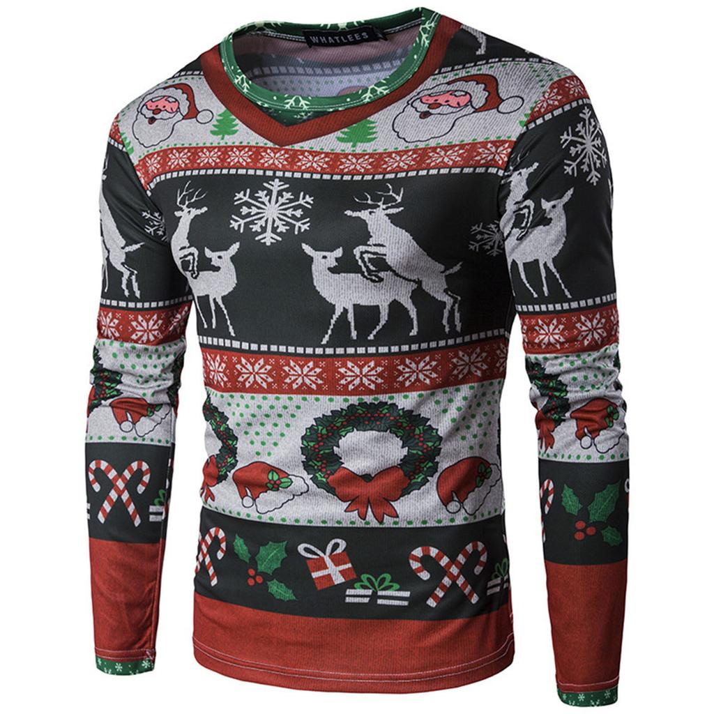 Men's Round Neck Slim Fit Long Sleeve Top Christmas Print T-shirt