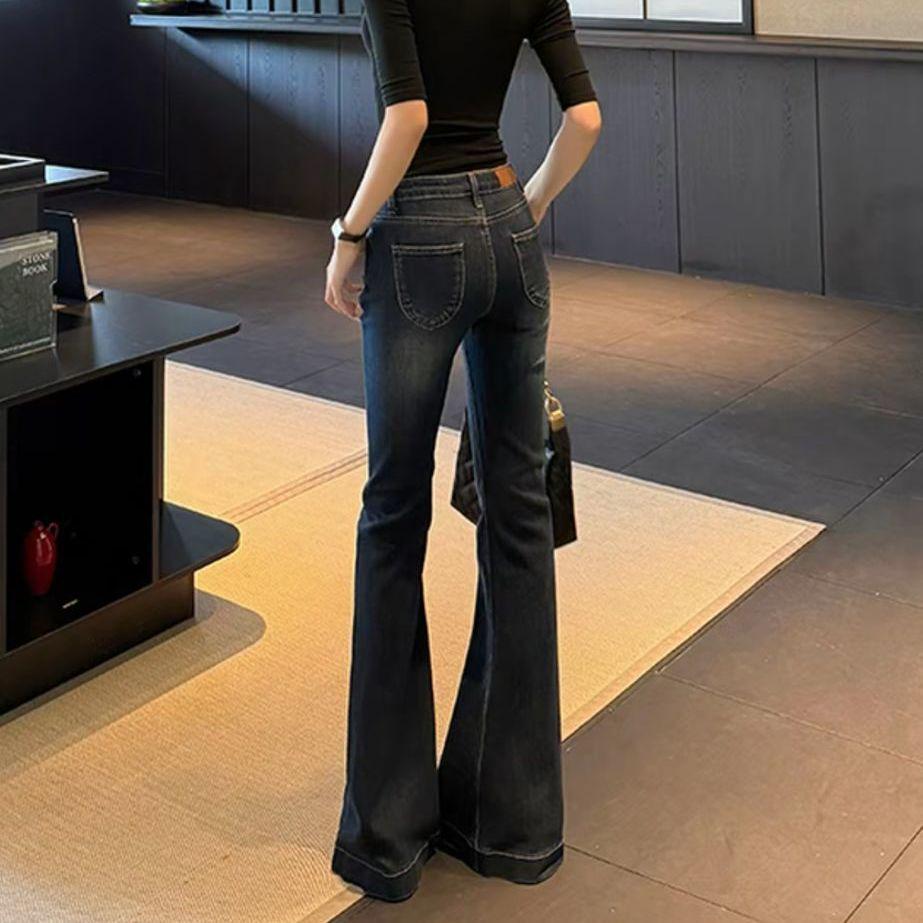 Women's Dark Blue Flared Jeans, 175cm, Mid-Low Waist, Horsetail Style, Floor-Length, 2025 Autumn/Winter.
