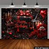2D Black Red Rose Champagne Gift Box Birthday Backdrop Red Heart Balloon Photo Background Banner