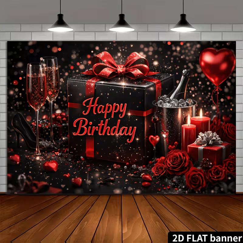 2D Black Red Rose Champagne Gift Box Birthday Backdrop Red Heart Balloon Photo Background Banner