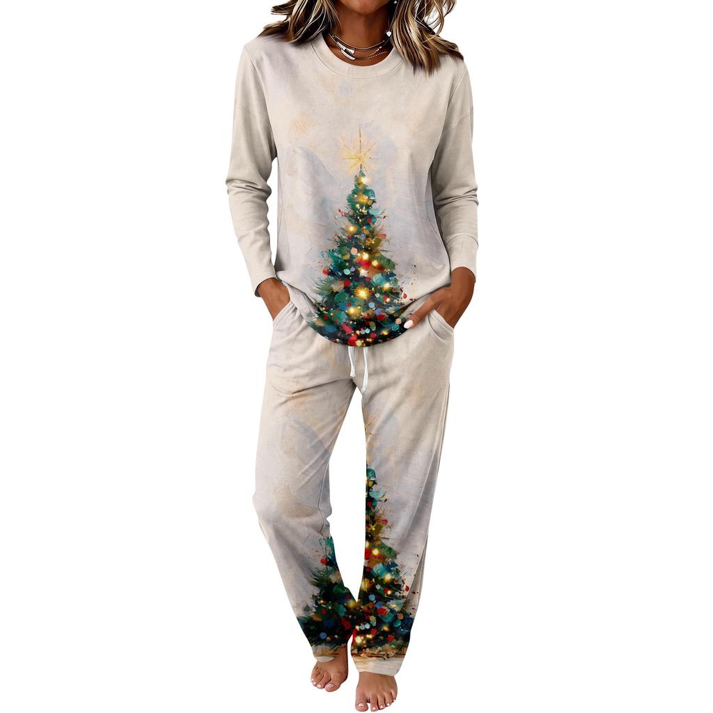 Women's Long Sleeve Round Neck Wide Leg Pajama Set Casual Sleepwear