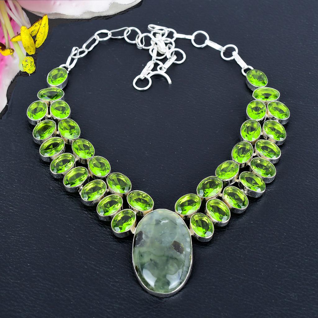 Prehnit, Peridot Drahokam 925 Sterlingové Stříbro Šperky Náhrdelník 18" KG-1846