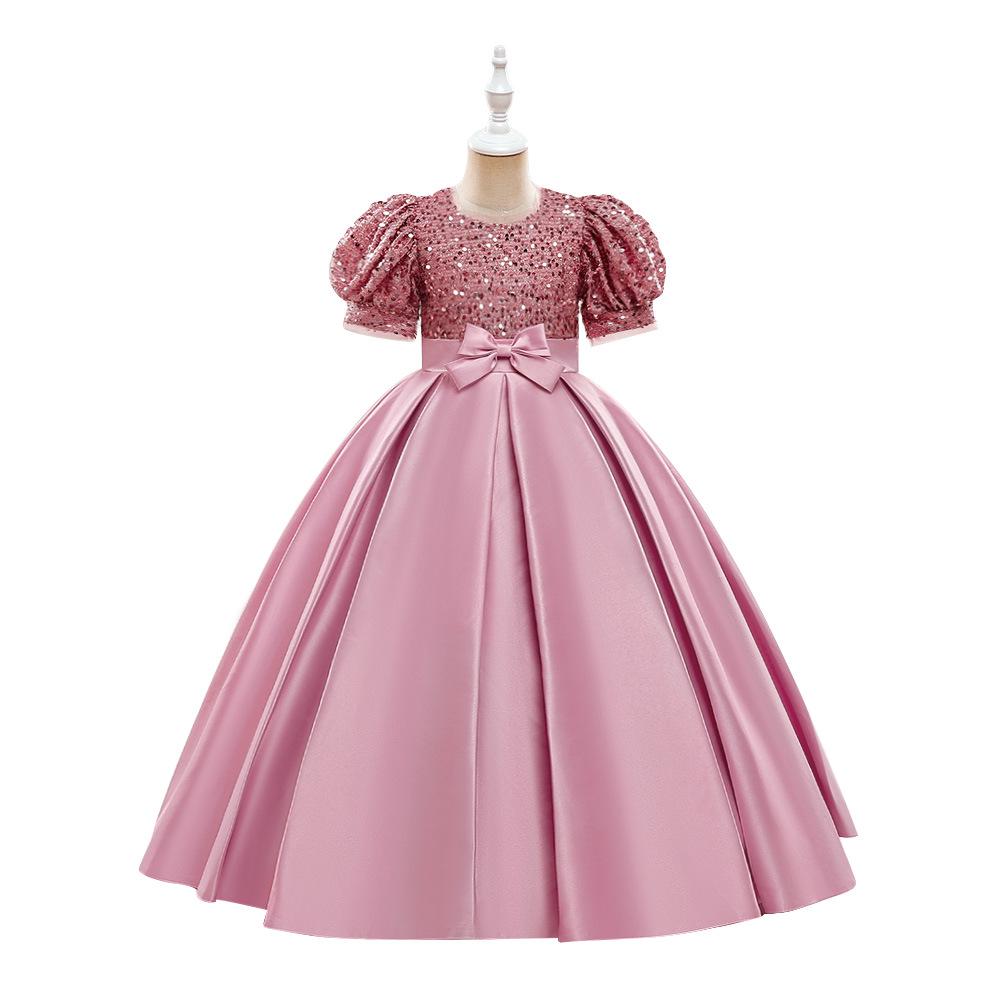 New Girls' Princess Dress with Fine Sequins, Puff Sleeves, and Spliced Satin Tutu Skirt