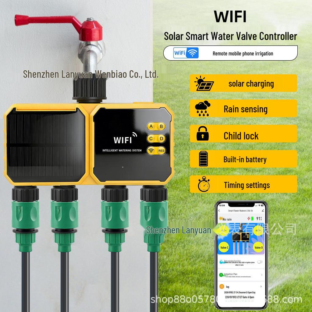 Graffiti Solar-Powered Smart WiFi Water Valve Control for Automatic Four-Way Irrigation and Remote Flower Watering Timer