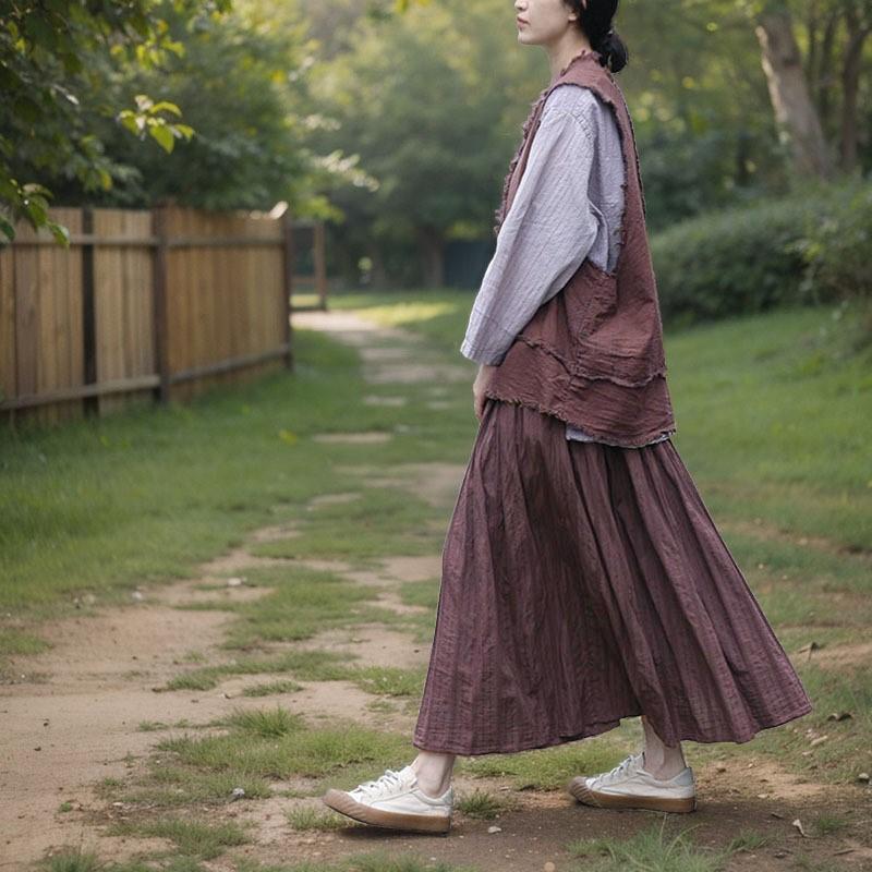 Johnature Women Vintage Jacquard Skirts Elastic Waist Purple Soft Spring Loose A-Line Skirts For Women