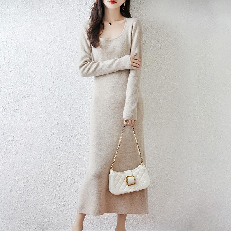 Women Sweater Dress 100% Wool MODERN NEW SAGA U-neck Knit Long Pullover Winter Jumpers Wool Long Dress Female