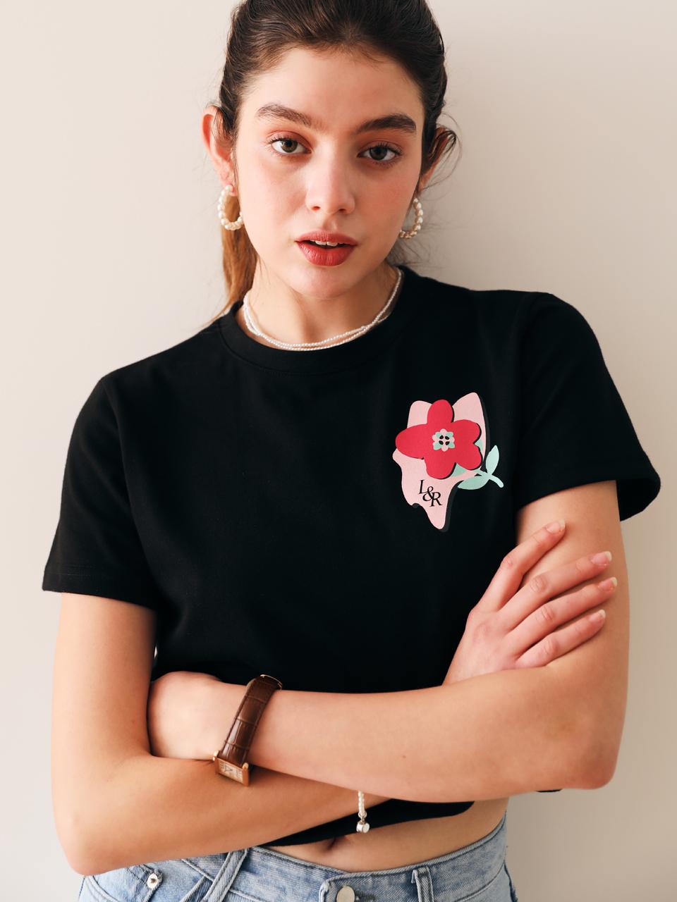 Rosiro Flower Crop Half Sleeve T-Shirt Black Free