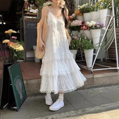 Kadın Askılı Elbise V Yaka Kolsuz Çok Katlı Dantel Ekleme Tasarımı Maksi Elbise Düz Renk Bol Kesim Elbise