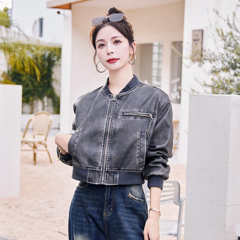 

Ретро кожаная куртка куртка женская весна и осень новая короткая стойка воротник одежда для мотоциклистов XL серый